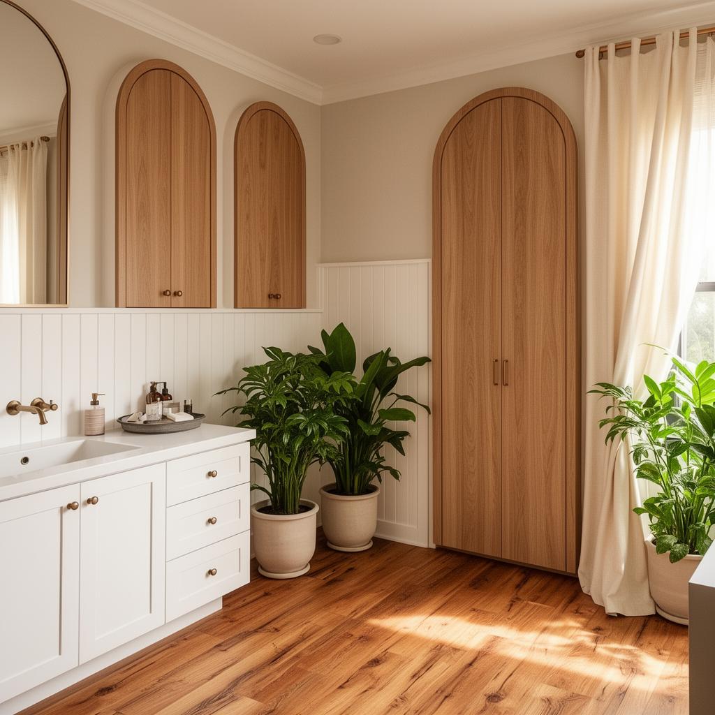 Beautifully redesigned bathroom with white vanity, arched wood cabinets, and warm wood floors